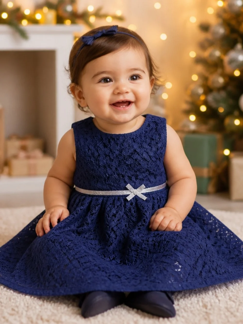 Carter's Navy Lace Dress with Silver Belt Sz 12 Months
